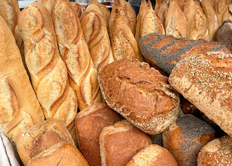 French bakery products, baguettes and bread on farmers market