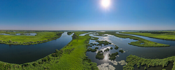 Panorama 360 in Ukraine, the nature around the reeds, the river and the bays