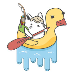 Funny cat floating on the inflatable duckling