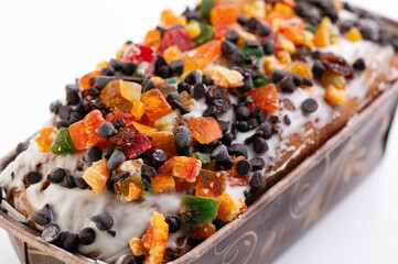 Festive Christmas cake with dried fruits, close-up