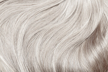 Blond hair close-up as a background. Women's long blonde hair. Beautifully styled wavy shiny curls. Hair coloring. Hairdressing procedures, extension. White hair