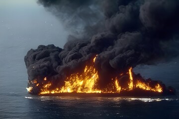 A huge oil spill in the ocean, burning with thick black smoke.