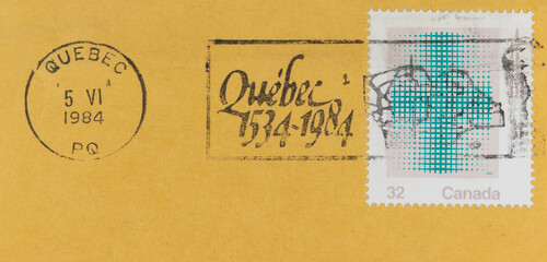 briefmarke stamp vintage retro alt old canada kanada papier paper used gestempelt frankiert cancel quebec 1984 cross kreuz umschlag envelope 32