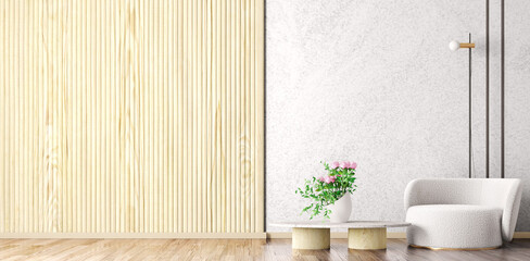 Obraz na płótnie Canvas Living room interior with coffee table, bouquet of flowers, wood and concrete wall, floor lamp and white armchair. 3d rendering