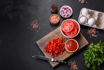 Ingredients for making shakshuka, dishes with fried eggs with tomato sauce, spices and herbs