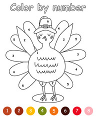 Color by number game for kids. Pilgrim Turkey Thanksgiving. Bird animal character wearing a pilgrims hat. Printable worksheet with solution for school and preschool. Learning numbers activity.
