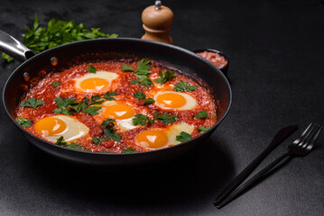 Shakshuka, a dish with fried eggs with tomato sauce, sweet pepper, garlic, onions, spices and herbs