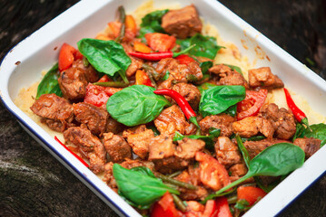 baked mashed potatoes with meat and vegetables, basil