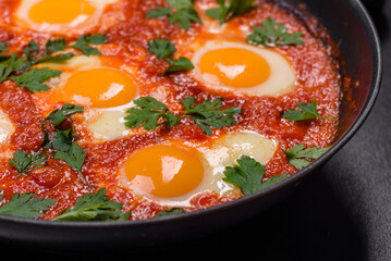 Shakshuka, a dish with fried eggs with tomato sauce, sweet pepper, garlic, onions, spices and herbs
