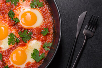 Shakshuka, a dish with fried eggs with tomato sauce, sweet pepper, garlic, onions, spices and herbs