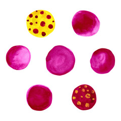 Set of simple round watercolor spots in warm colors. Isolated on white red and yellow hand drawn elements for design card, poster, invitation, packing.