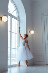 Ballerina in long white tulle skirt in  room against  backdrop of large window