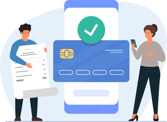 Vector flat illustration of mobile banking and mobile payments. Online pay and electronic bill payment.
