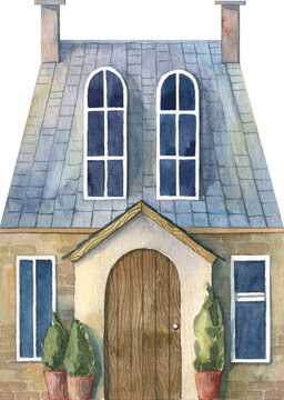 Cute small cottage house facade. Watercolor hand painted illustration. Rustic house with large blue tiled roof and big windows.