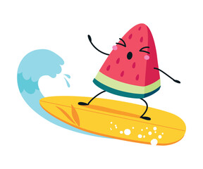 Watermelon as Summer Fruit Character Surfing Riding Wave Enjoying Vacation and Having Fun Vector Illustration