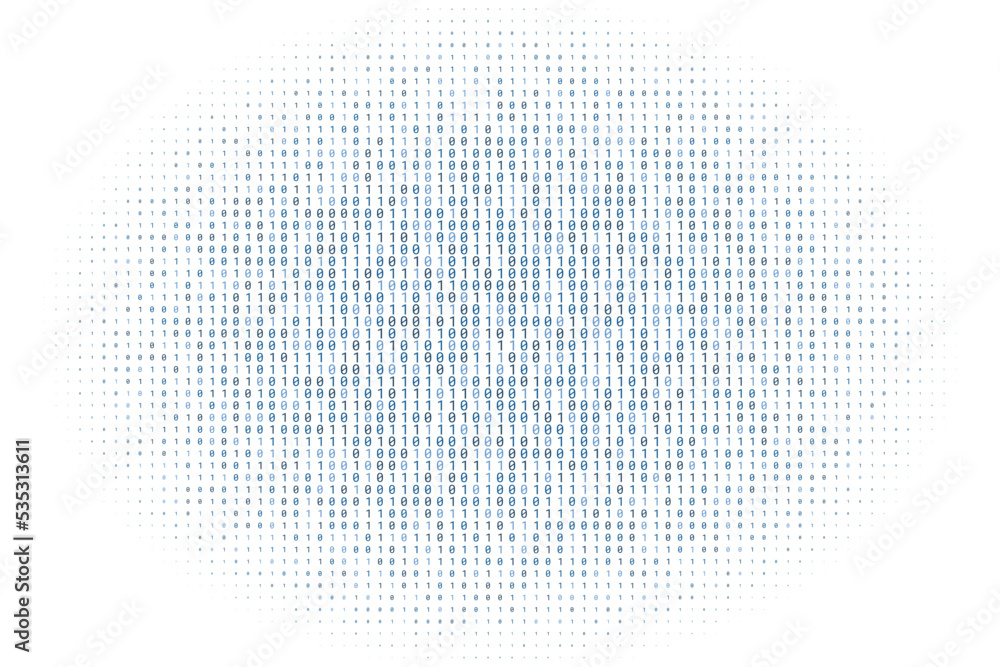 Wall mural Blue digital data matrix of binary code numbers isolated on a white background. Technology, coding, or big data concept. Vector illustration