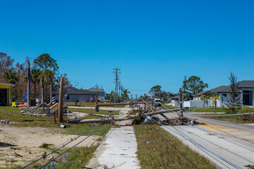 Fototapeta na wymiar Downed powerlines in Cape Coral Florida after Hurricane Ian passed through.