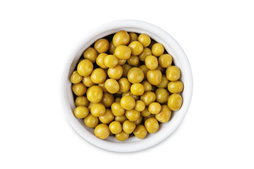 Fresh canned green peas on a yellow background