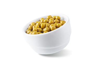 Fresh canned green peas on a yellow background
