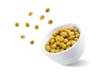 Fresh canned green peas on a yellow background