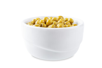 Fresh canned green peas on a yellow background