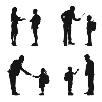 Student teacher silhouette set. punishing student, giving book, showing mobile, discussing with teacher
