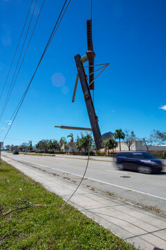 Downed Powerlines In Cape Coral Florida After Hurricane Ian Passed Through.