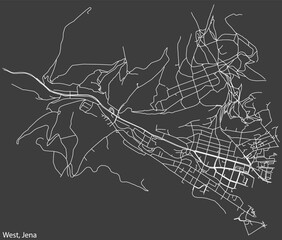Detailed negative navigation white lines urban street roads map of the WEST QUARTER of the German regional capital city of Jena, Germany on dark gray background