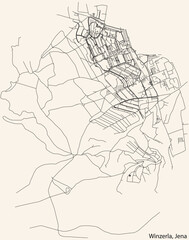 Detailed navigation black lines urban street roads map of the WINZERLA QUARTER of the German regional capital city of Jena, Germany on vintage beige background