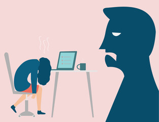 Business woman exposed to abuse and pressure at work. Freelancer or worker sitting with head down on laptop while the boss yells at her. Professional burnout syndrome or labor exploitation concept.