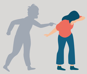 Shadow of a person accusing and yelling at a girl. Stop verbal abuse or harassment against women. Crying woman victim of bullying at work, school or home. Say no to domestic violence awareness concept