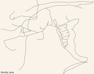 Detailed navigation black lines urban street roads map of the ILMNITZ QUARTER of the German regional capital city of Jena, Germany on vintage beige background