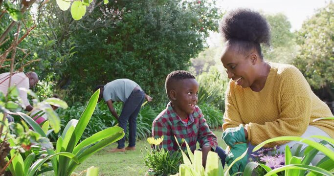African american family working in garden on sunny day