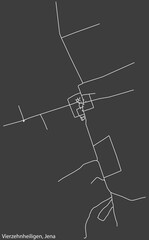 Detailed negative navigation white lines urban street roads map of the VIERZEHNHEILIGEN QUARTER of the German regional capital city of Jena, Germany on dark gray background