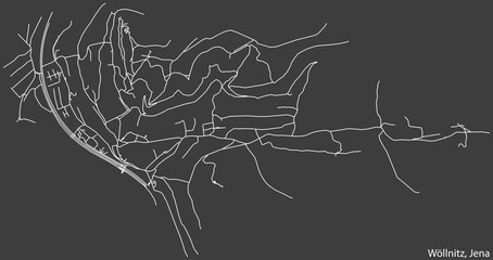 Detailed negative navigation white lines urban street roads map of the WÖLLNITZ QUARTER of the German regional capital city of Jena, Germany on dark gray background