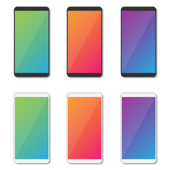 Different Variations Of Vivid Geometrical Pattern Wallpapers Set On Photorealistic Smartphone Screen Isolated On White Background. Set Of Vertical Abstract Backgrounds For Smartphone
