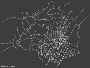 Detailed negative navigation white lines urban street roads map of the ZWÄTZEN QUARTER of the German regional capital city of Jena, Germany on dark gray background