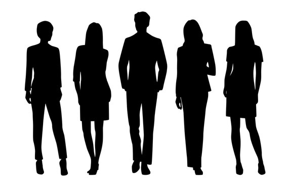 Vector silhouettes of  man and a women, a group of standing   business people, profile, black  color isolated on white background