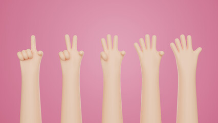 3D rendering hand counting from one to five isolated on background with empty space for the text. Communication gestures concept. Set of counting hands. Hands gesture numbers.