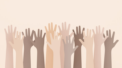 Fototapeta premium 3D rendering of paper cut different skin tone raising hands in the air, Hands up. Concept of Social diversity for global equality and peace with colorful people hands.