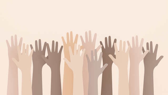 3D Rendering Of Paper Cut Different Skin Tone Raising Hands In The Air, Hands Up. Concept Of Social Diversity For Global Equality And Peace With Colorful People Hands.