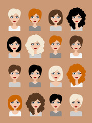 female portrait with different hairstyle and hair color vector illustration