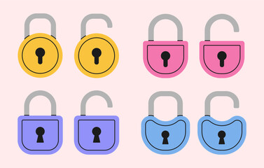 Set of simple minimal locked and unlocked padlocks with a keyhole. Flat security symbol. Vector illustration.