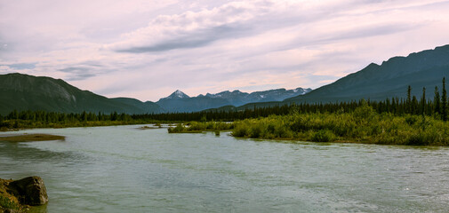 Sunset on the Athabasca river in Jasper National Park in Canada
