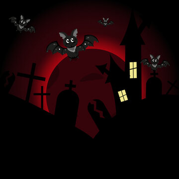 Halloween night background with horror castle, cemetery, tombstones and crosses on the hill bat and glowing moon on black sky. Halloween picture. Halloween concept.