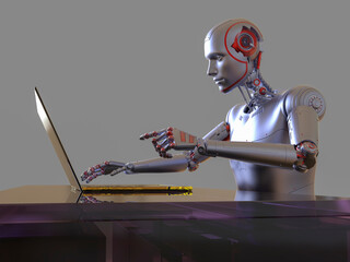 Naklejka premium A humanoid robot working with laptop, conceptual 3D illustration