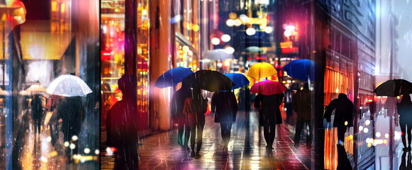  rain in city  street people with umbrellas walk blurred light shop windows reflection shopping centre  rain  view from window urban life style banner 