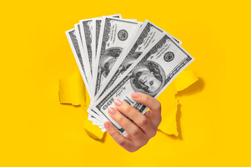 Female hand holding fan of cash money in dollar banknotes, isolated through torn yellow background,...