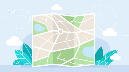 Folded map. City map navigation. GPS navigator. Top view, view from above. Abstract background. Banner for website, web page, flyers. Navigation. Cute simple design. Flat style. Vector illustration
