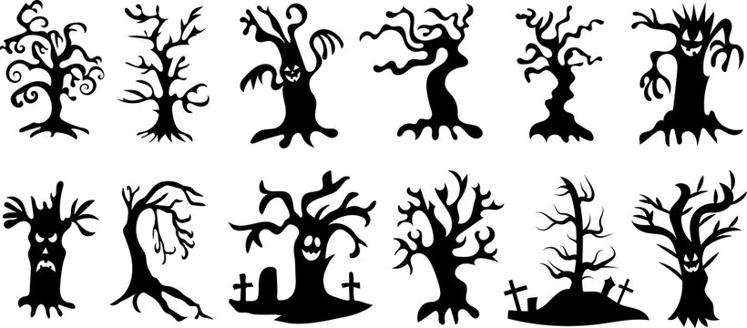Silhouettes of trees collection Halloween concept. 
